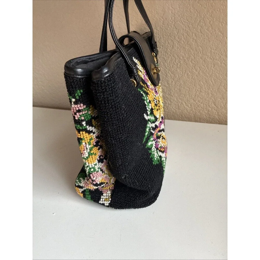 Vintage 1950s Needlepoint Carpetbag Handbag Tapestry Floral Shoulder Bag Purse